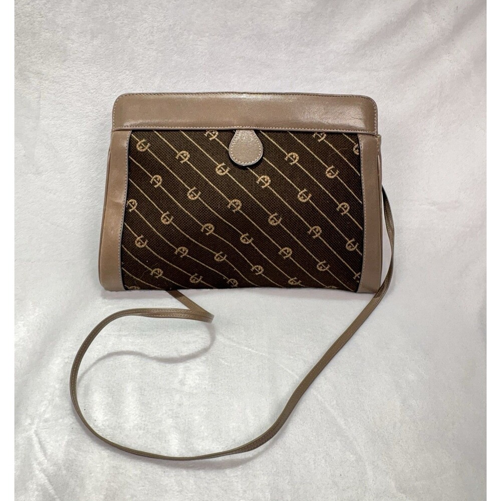 Etienne Aigner Shoulder Bag Purse Brown Vtg Logo Leather Trim Old Money Grandma